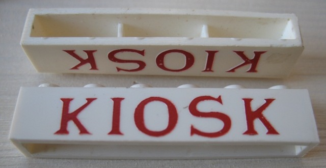 Brick 1 x 6 without Bottom Tubes with Cross Side Supports with Red 'KIOSK' Serif Pattern