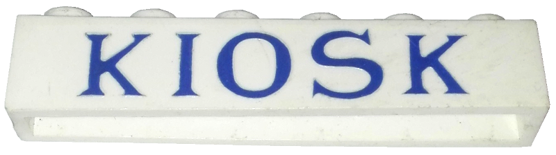 Brick 1 x 6 without Bottom Tubes with Cross Side Supports with Blue 'KIOSK' Serif Pattern