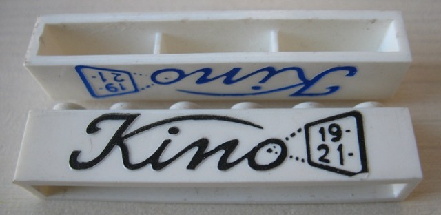 Brick 1 x 6 without Bottom Tubes with Cross Side Supports with Black 'Kino' Script Pattern
