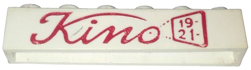 Brick 1 x 6 without Bottom Tubes with Cross Side Supports with Red 'Kino' Script, '19', and '21' Pattern