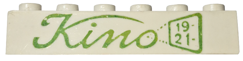 Brick 1 x 6 without Bottom Tubes with Cross Side Supports with Green 'Kino' Script Pattern