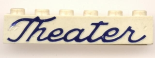 Brick 1 x 6 without Bottom Tubes with Cross Side Supports with Blue 'Theater' Script Pattern