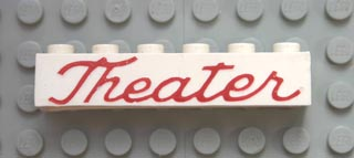 Brick 1 x 6 without Bottom Tubes with Cross Side Supports with Red 'Theater' Script Pattern