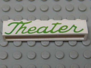 Brick 1 x 6 without Bottom Tubes with Cross Side Supports with Green 'Theater' Script Pattern