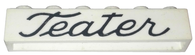 Brick 1 x 6 without Bottom Tubes with Cross Side Supports with Black 'Teater' Script Pattern