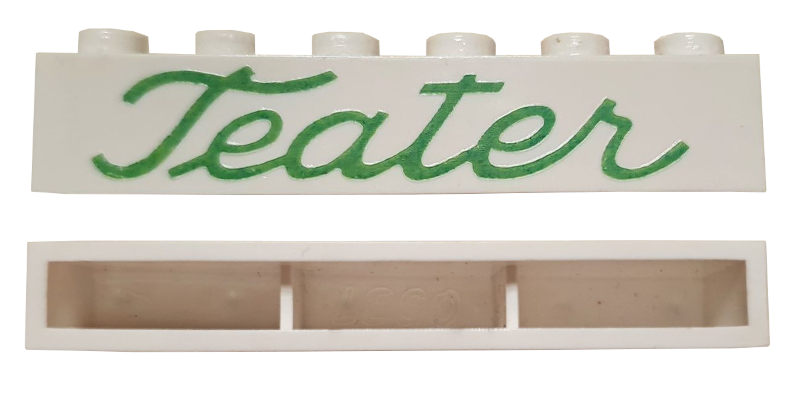 Brick 1 x 6 without Bottom Tubes with Cross Side Supports with Green 'Teater' Script Pattern