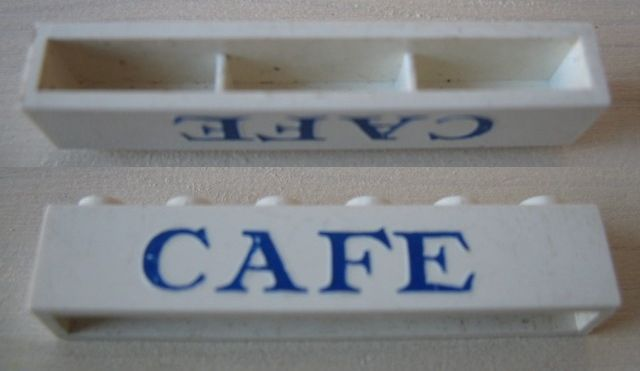 Brick 1 x 6 without Bottom Tubes with Cross Side Supports with Blue 'CAFE' Serif Pattern