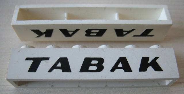 Brick 1 x 6 without Bottom Tubes with Cross Side Supports with Black 'TABAK' Bold Italic Pattern
