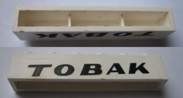Brick 1 x 6 without Bottom Tubes with Cross Side Supports with Black 'TOBAK' Italic Bold Pattern