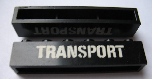 Brick 1 x 6 without Bottom Tubes with Cross Side Supports with White 'TRANSPORT' Stencil Pattern