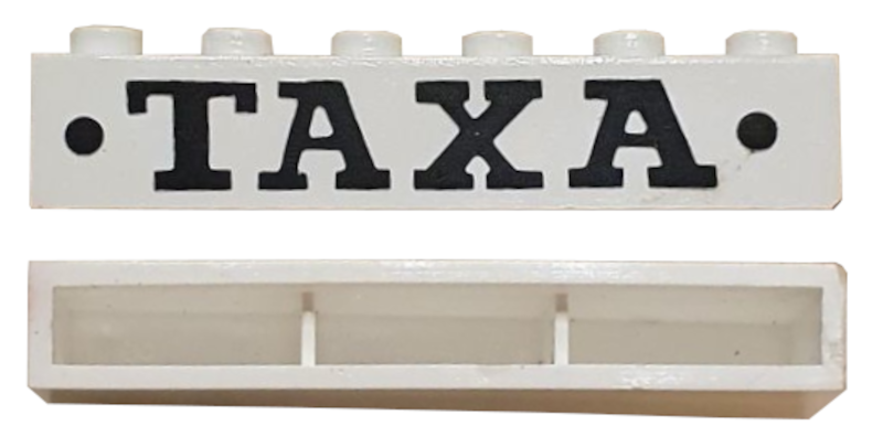 Brick 1 x 6 without Bottom Tubes with Cross Side Supports with Black 'TAXA' and Dots Bold Pattern