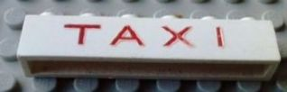 Brick 1 x 6 without Bottom Tubes with Cross Side Supports with Red 'TAXI' Thin Letters Wide Pattern