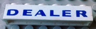 Brick 1 x 6 without Bottom Tubes with Cross Side Supports with Blue 'DEALER' Bold Pattern