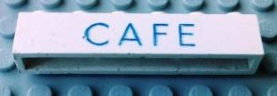 Brick 1 x 6 without Bottom Tubes with Cross Side Supports with Blue 'CAFE' Thin Letters Pattern