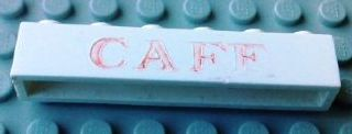 Brick 1 x 6 without Bottom Tubes with Cross Side Supports with Red 'CAFE' Serif Pattern