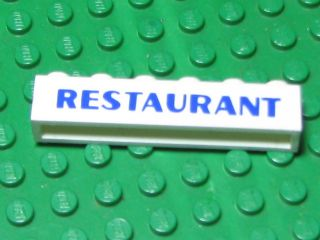 Brick 1 x 6 without Bottom Tubes with Cross Side Supports with Blue 'RESTAURANT' Thick Pattern