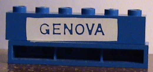 Brick 1 x 6 without Bottom Tubes with Cross Side Supports with Blue in White 'GENOVA' Pattern