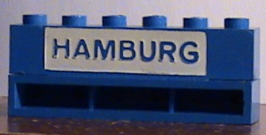 Brick 1 x 6 without Bottom Tubes with Cross Side Supports with Blue in White 'HAMBURG' Pattern