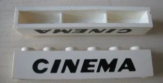 Brick 1 x 6 without Bottom Tubes with Cross Side Supports with Black 'CINEMA' Slanted Thick Pattern