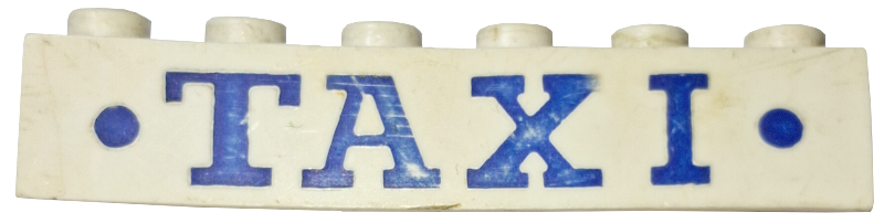 Brick 1 x 6 without Bottom Tubes with Cross Side Supports with Blue 'TAXI' and Dots Bold Pattern