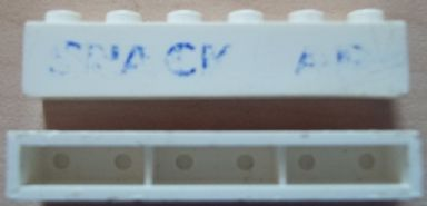 Brick 1 x 6 without Bottom Tubes with Cross Side Supports with Blue 'SNACK BAR' Thick Pattern