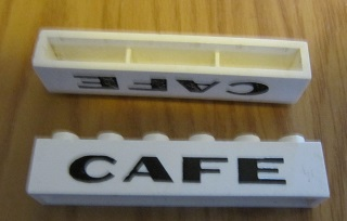 Brick 1 x 6 without Bottom Tubes with Cross Side Supports with Black 'CAFE' Sans-Serif Thick Pattern