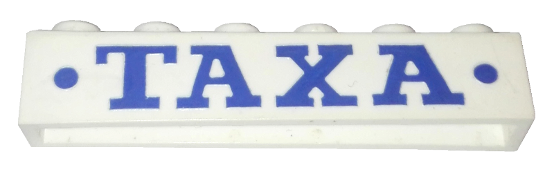 Brick 1 x 6 without Bottom Tubes with Cross Side Supports with Blue 'TAXA' Bold and Dots Pattern