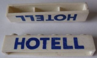 Brick 1 x 6 without Bottom Tubes with Cross Side Supports with Blue 'HOTELL' Pattern