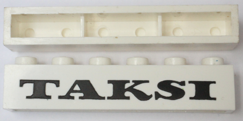 Brick 1 x 6 without Bottom Tubes with Cross Side Supports with Black 'TAKSI' Pattern