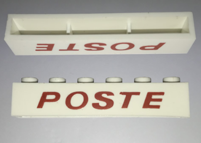 Brick 1 x 6 without Bottom Tubes with Cross Side Supports with Red 'POSTE' Thin Slanted Pattern