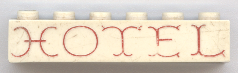 Brick 1 x 6 without Bottom Tubes with Cross Side Supports with Red 'HOTEL' Curvy Pattern