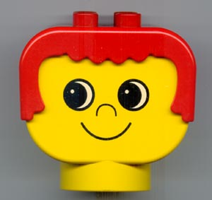 Duplo Figure Head Human 2 x 2 Base with Fixed Red Hair with Eyes Looking Right, Nose, and Grin Pattern