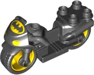 Duplo Motorcycle with Rubber Wheels, Dark Bluish Gray Handlebars, Headlights and Batman Logo Pattern