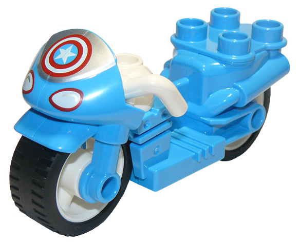 Duplo Motorcycle with Rubber Wheels, White Handlebars, Headlights and Captain America Star Pattern