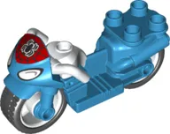 Duplo Motorcycle with Rubber Wheels, White Handlebars, Headlights, Black Spider-Man Logo on Red Windshield Pattern