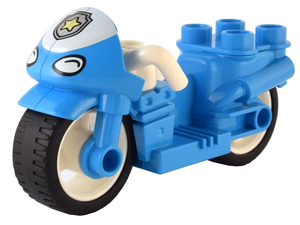 Duplo Motorcycle with Rubber Wheels, White Handlebars, Headlights, and Windscreen with Police Star Badge Logo Pattern