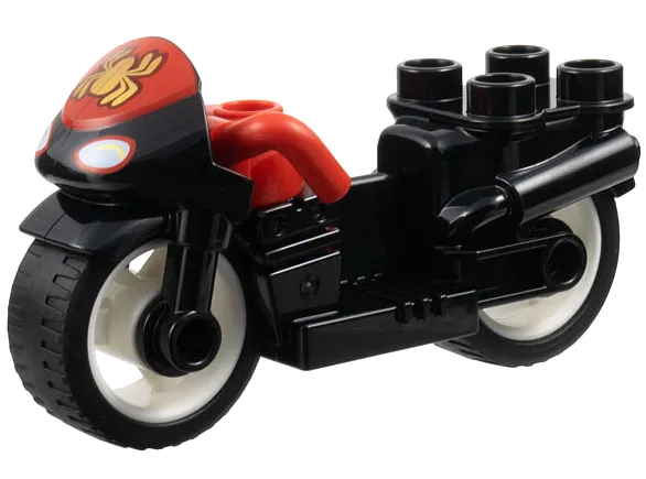 Duplo Motorcycle with Rubber Wheels and Red Handlebars with Headlights and Gold Spider-Man Logo on Red Windshield Pattern