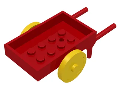Fabuland Utensil Wheelbarrow, Rectangular with Yellow Wheel Pair Large with Center Stud with Fixed Red Axle (fabad6 / fabwheel2)