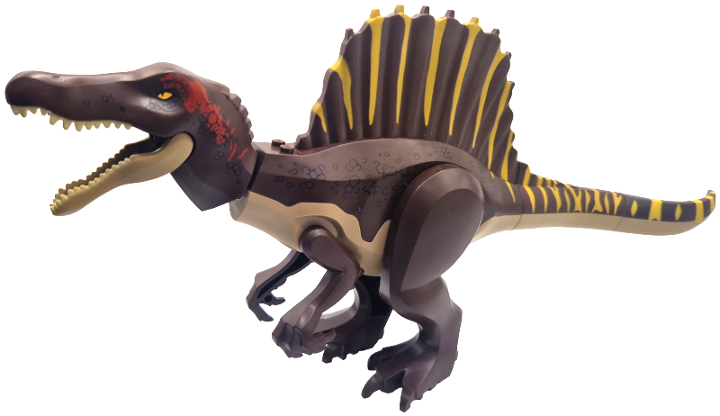 Dinosaur Spinosaurus with Dark Brown Back and Bright Light Orange Stripes