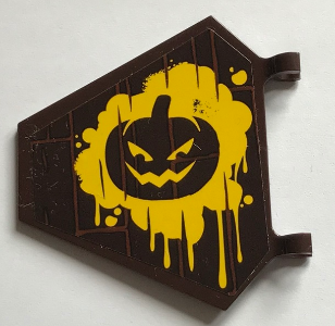 Flag 5 x 6 Hexagonal with Dark Brown Evil Pumpkin Face on Yellow Splatter Pattern on Both Sides (Stickers) - Set 70913