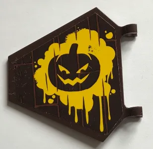 Flag 5 x 6 Hexagonal with Dark Brown Evil Pumpkin Face on Yellow Splatter Pattern on Both Sides (Stickers) - Set 70913