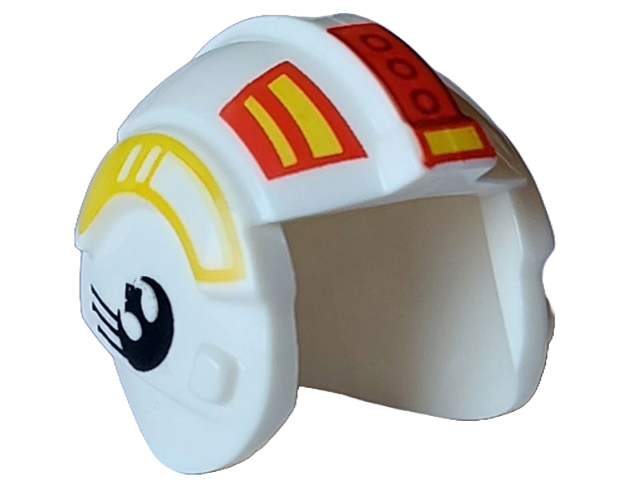 Minifigure, Headgear Helmet SW Rebel Pilot with Red and Yellow Panels, Stripes, Rectangles, Dots and V-Shapes and  Black Rebel Alliance Symbol on Sides Pattern