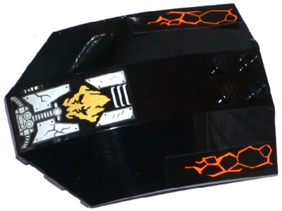 Windscreen 8 x 6 x 2 Curved Sloped Sides with Orange Cracks, Gold Ninjago Earth Emblem, Pipes and Cracked Armor Plates Pattern (Stickers) - Set 70733