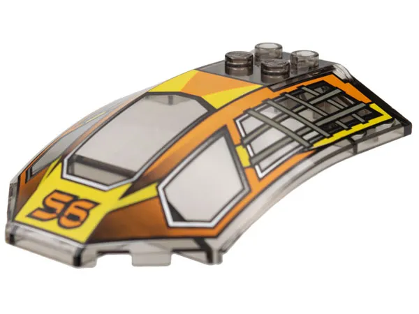 Windscreen 8 x 6 x 2 Curved Sloped Sides with Orange '56' on Yellow Background and Dark Gray Roll Cages Pattern