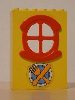 Fabuland Building Wall 2 x 6 x 7 with Round Symmetric Red Window with Knife, Fork and Plate Pattern (Sticker) - Set 3672