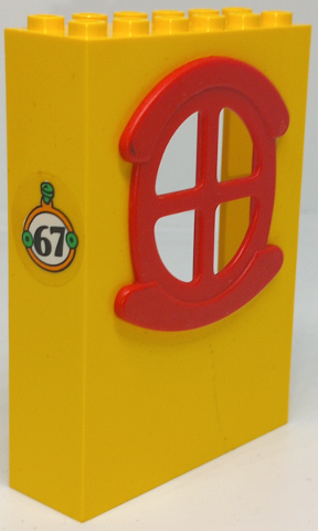 Fabuland Building Wall 2 x 6 x 7 with Round Symmetric Red Window with '67' Pattern (Sticker) - Set 3667