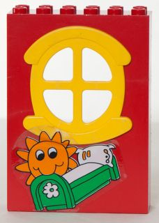 Fabuland Building Wall 2 x 6 x 7 with Round Symmetric Yellow Window with Sun and Bed Pattern (Sticker) - Set 3672