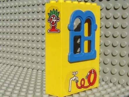 Fabuland Building Wall 2 x 6 x 7 with Squared Blue Window with Garden Hose and No 74 Pattern (Sticker) - Set 3674