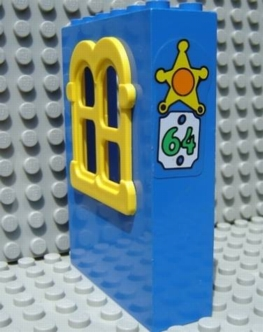 Fabuland Building Wall 2 x 6 x 7 with Squared Yellow Window with Sheriff Badge and No 64 Pattern (Sticker) - Set 3664