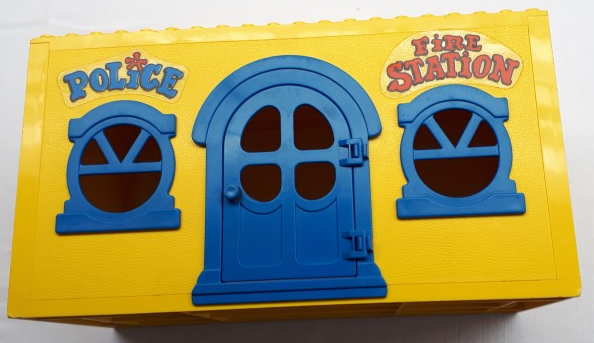Fabuland House Block 10 x 20 x 9 with Blue Door and Windows with 'POLiCE' and 'FiRE STATiON' Pattern (Stickers) - Sets 140-1 / 350-3
